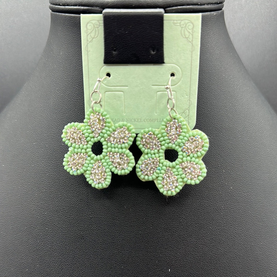 Green Beaded Floral Fishhook Earrings