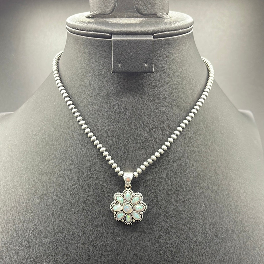 B284N  White Stone Opal Floral Cluster Necklace