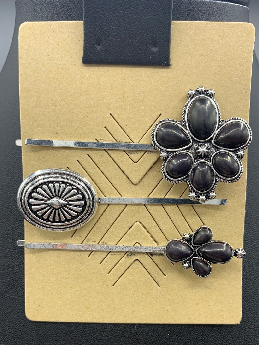 #328H Black Stone Floral 3PC Hair Pin Set