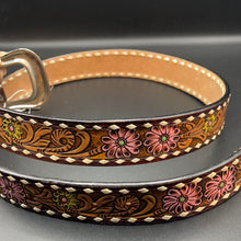 Load image into Gallery viewer, Purple/Yellow Floral Tooling White Buckstitch Leather Belt - LARGE 40&quot;
