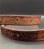 AD-BL2 Sunflower Floral Tooled Leather Belt Red