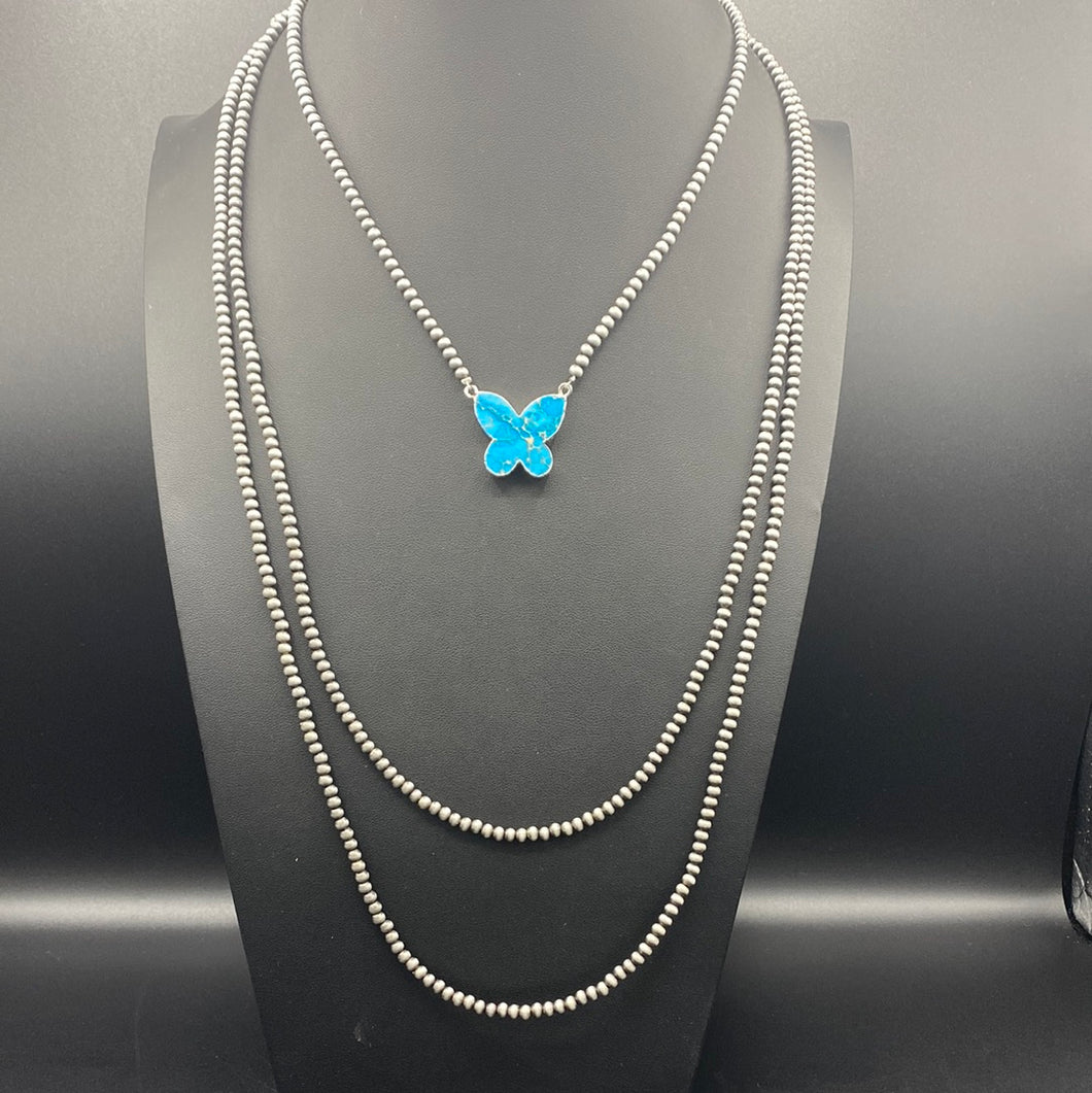 Turquoise Inspired Butterfly 3-strand Pearl Necklace