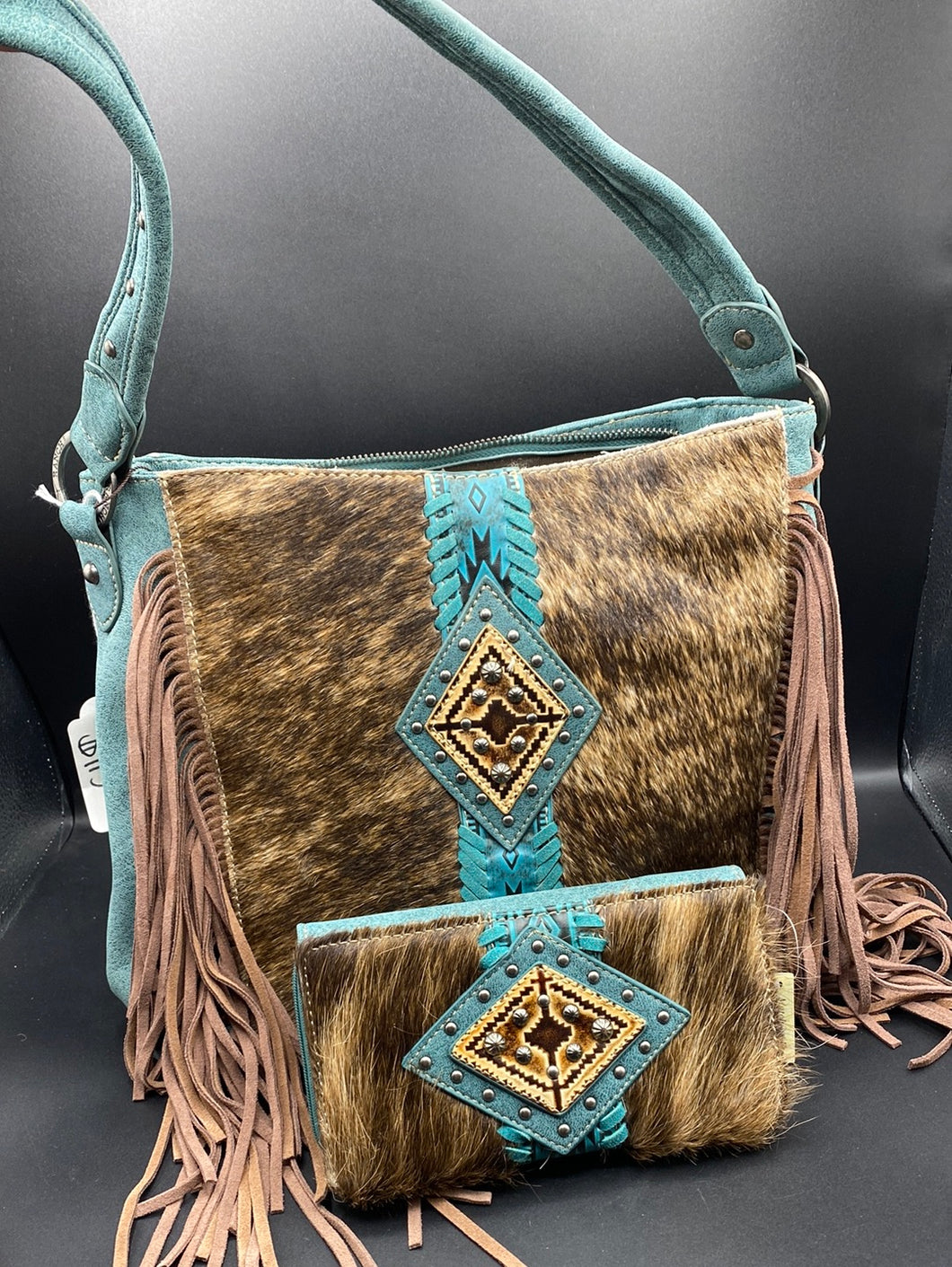 Trinity Ranch Turquoise & Cowhide Shoulder Bag and Wallet Set