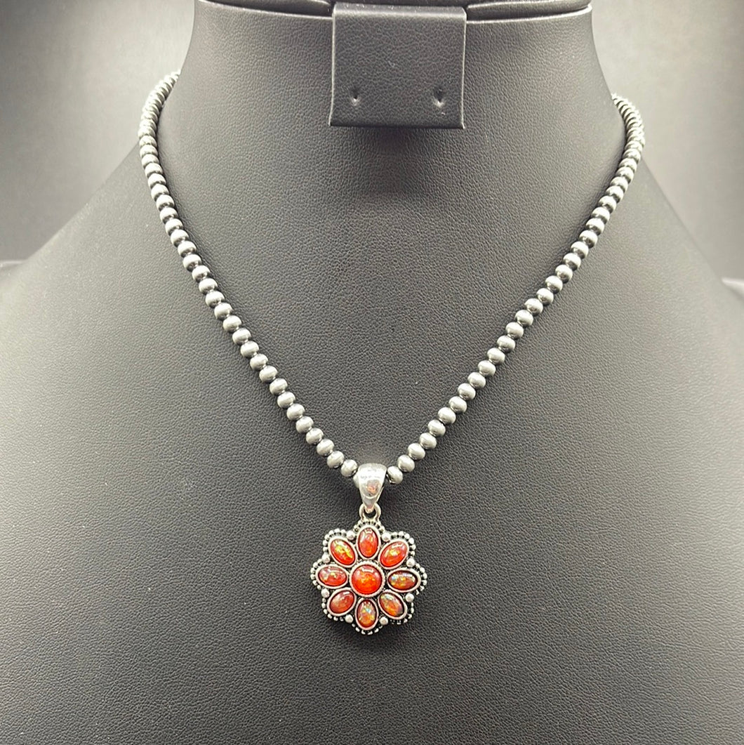 A351N Coral Opal Floral Cluster Necklace