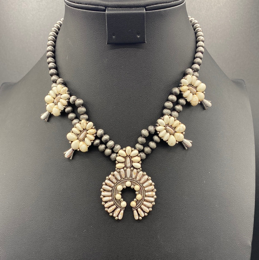 #B66N White Inspired Squash Blossom Necklace