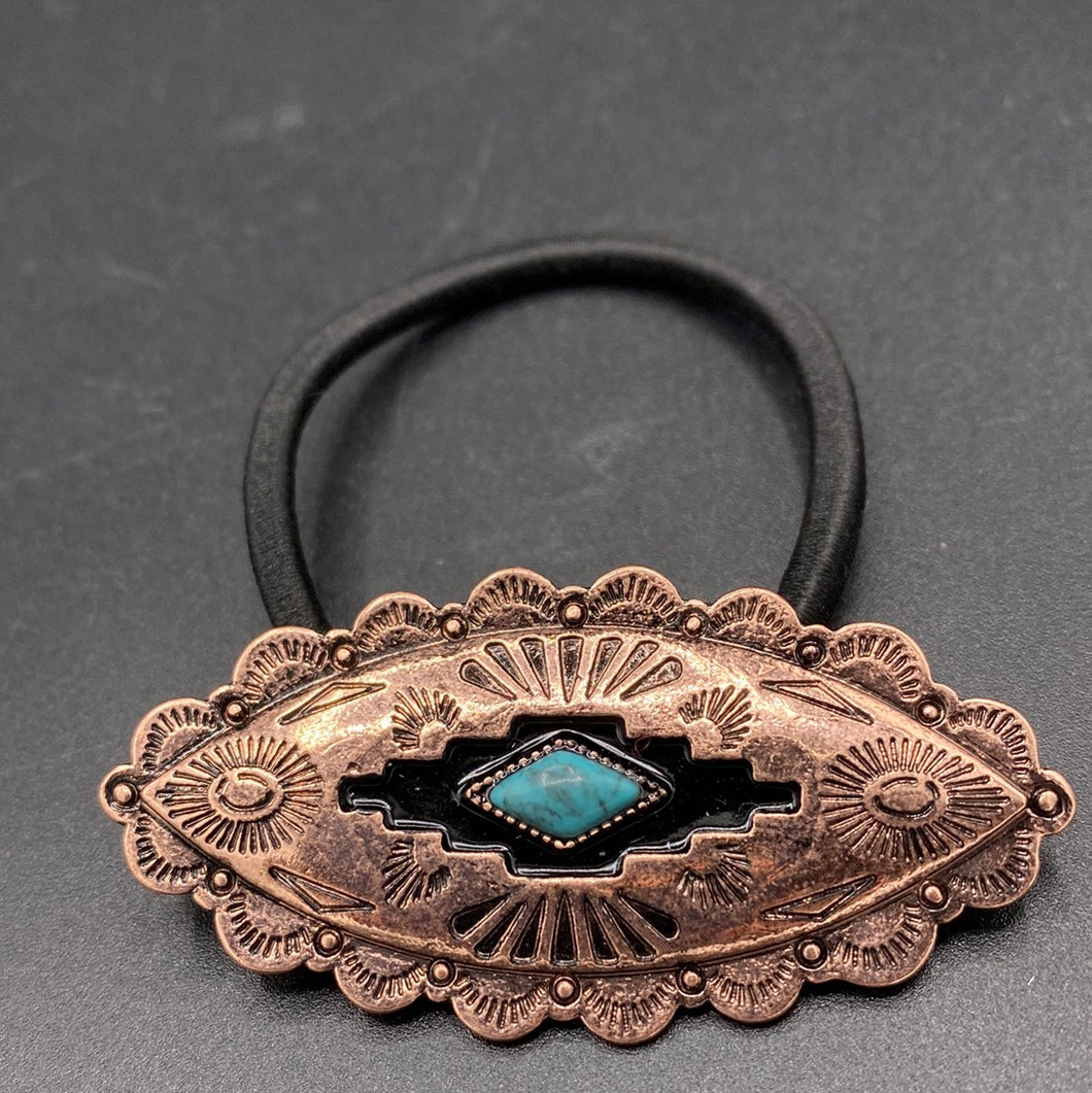 Turquoise/Copper Inspired Stamped Oval Hair Tie