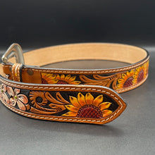 Load image into Gallery viewer, AD-BL3 Yellow Sunflower - Black Filigree Tooled Leather Belt

