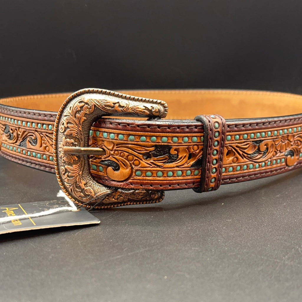 AD-BL6 Floral and Turquoise Tooled Leather Belt